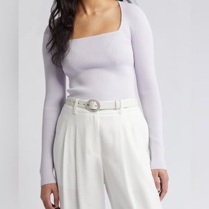 Open Edit Luxe Sculpt Square Neck Long Sleeve Top in Purple Puff